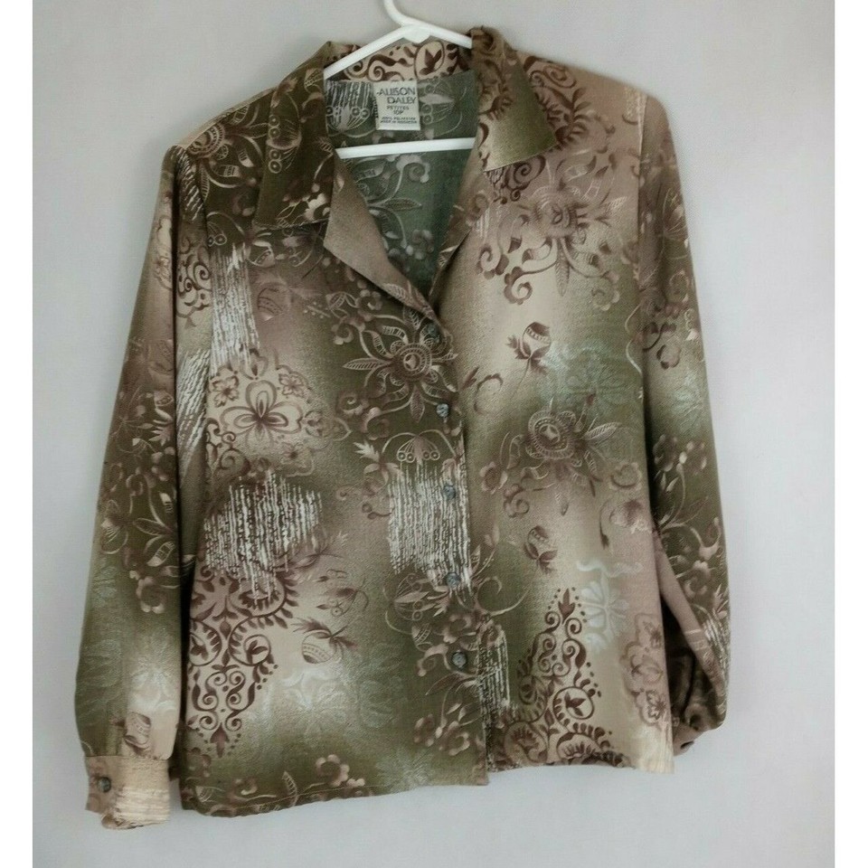 Allison Daley Petites Green &amp; Tan Long Sleeve Shirt With Floral Design S... - $16.82
