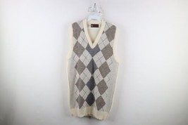 Vtg 70s Streetwear Mens XLT Distressed Wool Blend Knit Argyle Sweater Ve... - $44.50