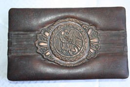 Old Antique Tooled Brown Thin Leather Jewelry Trinket Box with Copper Mo... - £49.80 GBP