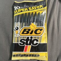 Vintage 1990 Bic Stic 10 pk Ballpoint Stick Pens Black Ink M Medium Poin... - $14.21