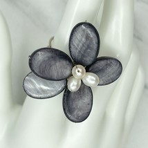 Silver Tone Faux Pearl Blue Shell Flower Adjustable Ring One Size - £5.53 GBP