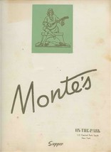 Monte&#39;s Supper Menu On The Park Central Park South New York 1950&#39;s - £69.63 GBP