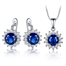 925 Silver Jewelry Sets for Women Blue Sapphire Gemstone Pendant Necklace Clip E - £38.66 GBP