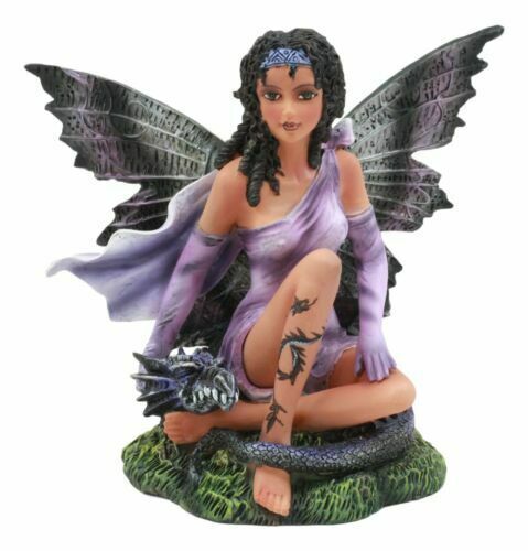 Primary image for Ebros Tribal Ebony Moth Fairy With Baby Dragon Statue Black African Fairy 5"H