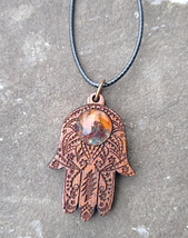SALE Grateful Dead Bolt Hamsa  Mahogany Wood Blown Glass Pendant  Necklace  - $32.99