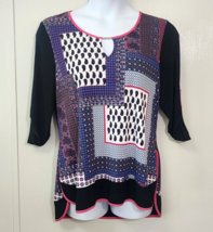 Michael Tyler Black Blue Geometric Top Blouse Womens Size XL 3/4 Sleeve ... - $24.99