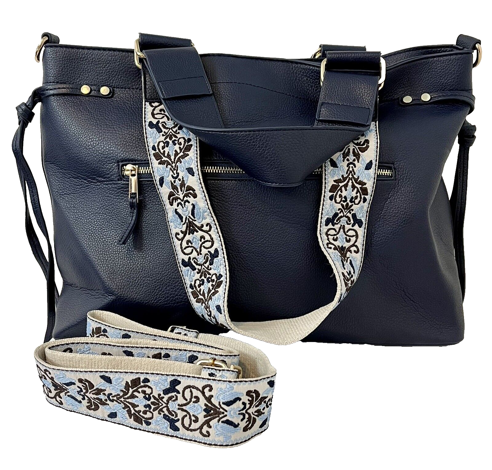 Ahdorned Vegan Leather Large Blue Tote Handbag with Shoulder Strap - $33.24