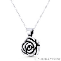 Rose Flower Love &amp; Romance Charm 3D 21x15mm Pendant Oxidized 925 Sterling Silver - £11.44 GBP+