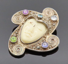 SAJEN 925 Silver - Vintage Carved Coral Topaz &amp; Gemstones Brooch Pin - BP10125 - £107.83 GBP