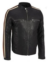 Mens Leather Jackey Black Biker White Strip Sleeves Zipper Leather Jacket - £126.54 GBP