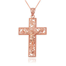 10K Rose Gold Filigree Crucifix Cross DC Pendant Necklace - £103.43 GBP+