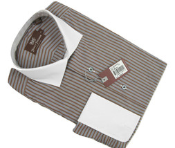 NEW $295 Hickey Freeman Dress Shirt! 15 34  Brown and Blue-Gray Stripe  USA Made - $109.99