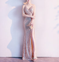 Gold Sequin Maxi Dress Gown Women Plus Size High Slit Sequin Maxi Dress