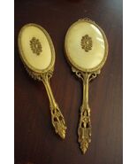 Antique vanity set mirror and brush, filigree in golden tone decoration  - $117.28 CAD