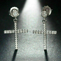 2.00 Ct Round Cut Diamond Drop &amp; Dangle Cross Earrings in 14K White Gold Finish - £111.34 GBP