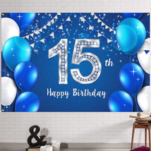 15th Birthday Banner Backdrop Party Supplies For Girls Boys Blue Silver ... - $19.10