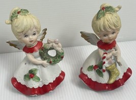 Set of 2 Vintage 5&quot; HOMCO #5402 Christmas Angel Blonde Girl Figurine Stocking - £14.48 GBP