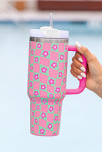 Bright Pink Flower Checkered Pattern Cup with Straw 40oz - $517.04 MXN