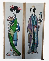 Vintage Pebble Wall Art Geisha Girl Asian Man Mid Century Modern Gravel Painting - £61.35 GBP