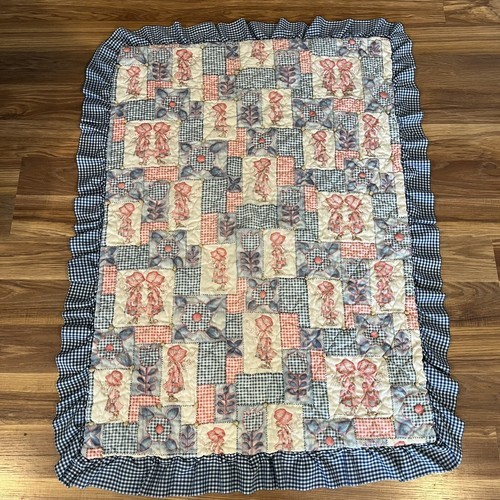 Vintage Holly Hobbie Sunbonnet Sue Baby Toddler Quilt Handmade Blue Pink... - $33.24
