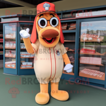 Peach Hot Dog mascot costume character dressed with a Baseball Tee and Reading g - £946.11 GBP