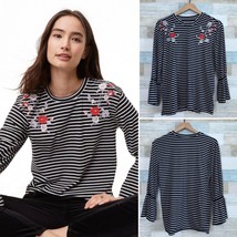 LOFT Floral Embroidered Striped Top Black White Bell Sleeve Womens Medium - £15.39 GBP