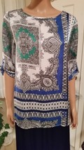 Chico&#39;s Blue Silky Scarf Print Tunic Top Oversized Chicos 0 Sz S Casual/Career - £15.56 GBP