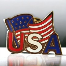 Amercian Flag USA Vintage Lapel Tie Pin Gold Border Tack Badge Patriotic Olympic - £11.51 GBP
