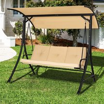 Outdoor Porch Swing Adjustable Canopy Padded Cushions Steel Frame Beige - $269.27