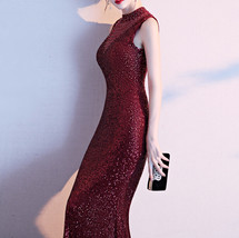 Burgundy Sequin Maxi Dress Gowns Women Custom Plus Size Deep-V Sequin Dress image 6