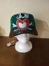 Ed Hardy Womens Skull Bones Heart Snapback Trucker Hat Green Brown Studs NWT  - $54.45