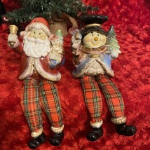 Ceramic Santa &amp; Snowman W/Tree Shelf Sitters Fabric Legs Christmas Decor EUC - £14.93 GBP