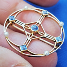 Earth mined Sapphire Pearl Art Deco Geometric Brooch Unique Vintage 14k Gold - £1,239.71 GBP