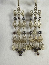 Earrings Pierced 3.75&quot; Chandelier Black Freshwater Pearls Handmade Brass Plated - $12.77