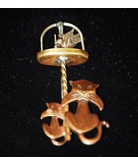 Old Vintage Copper Brass Jewelry Kitty Cat Brooch Pin w Dangle Bird in B... - £15.47 GBP