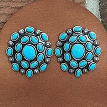 New Boutique Faux Turquoise and Silver Sunburst Cluster Earrings Western... - $19.99
