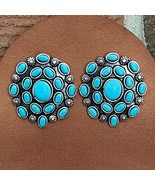 New Boutique Faux Turquoise and Silver Sunburst Cluster Earrings Western... - $19.99