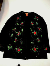 Christmas sweater Black with poinsettia beading and embroidery 1X Large ... - $18.21