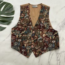 Facets Womens Vintage Tapestry Vest Size M Brown Blue Teddy Bears Stuffe... - $28.70