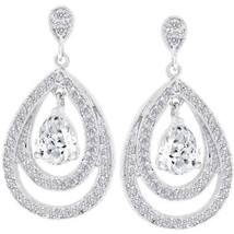 Precious Stars Silvertone Cubic Zirconia Concentric Teardrop Dangling Earrings - £28.32 GBP