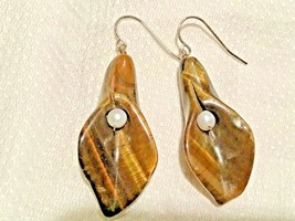 Sterling Silver Carved Tigers Eye Pearl Orchid Earrings Drop Style on Wires - £38.59 GBP