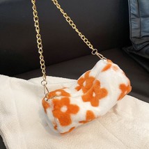 Flower Print Shoulder Bag For Women Winter Soft Plush Cylinder Bag Female Furry  - £14.89 GBP