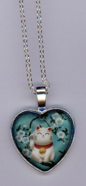 Primary image for Bubble Heart shaped pendant w/GrBl back of White Cat, Flowers w/ Chain included