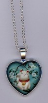 Bubble Heart shaped pendant w/GrBl back of White Cat, Flowers w/ Chain included - £21.90 GBP