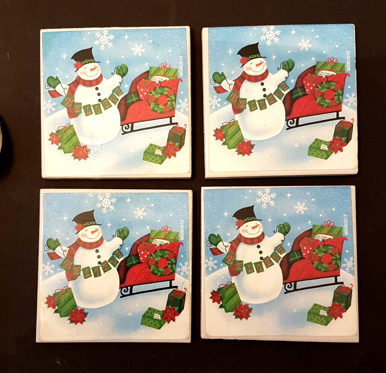 Primary image for Snowman Ceramic Tile COASTER LOT w/ Cork Back Winter Theme MSI 4" square trivets