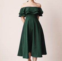 Dark Green A Line Off Shoulder Tea Dress Custom Plus Size Wedding Guest Dress image 3