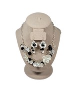 Vintage White Flower Rhinestone Black Enamel Necklace and Earrings Set 1... - £44.68 GBP