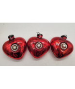 3 Mercury Glass Ruby Red Heart Christmas Ornament with rhinestones - $28.00