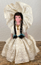 Vintage Mexican Doll-Mexico-White Dress-Fan-Dark Brown Hair-Green Eyes-6.5&quot; - £9.63 GBP