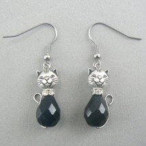 Cat Kitty Glass Tear Drop Dangle Earrings - Black (BN-EAR101) - £9.50 GBP